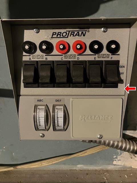 Gray manual generator transfer switch with six breakers and two wattage meters
