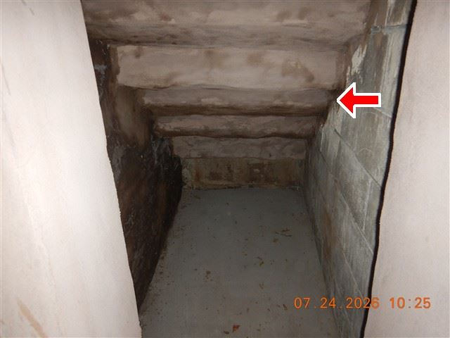 A below-grade space beneath the structure, with framing above marked in the inspection report.