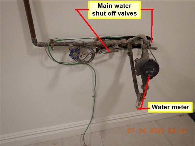 A main shut-off and meter, labelled in the report so the location is unambiguous.