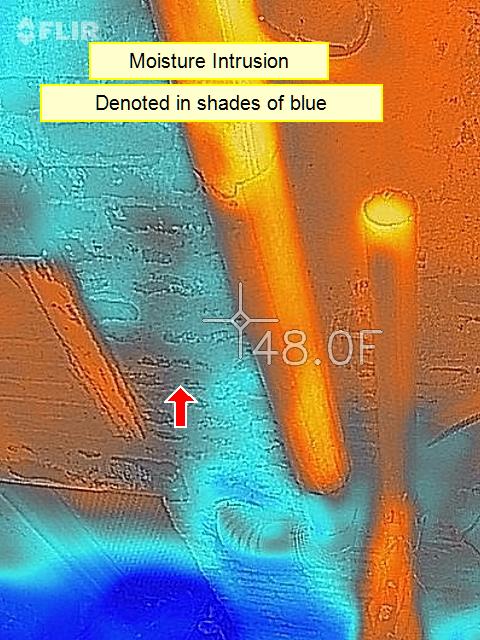 Thermal camera image with the inspector's own label reading moisture intrusion denoted in shades of blue, a cold blue plume spreading across a warm orange surface.