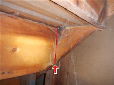 Wood stair framing seen from behind, with a red line and arrow tracing a saw cut in a stringer