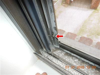Corner of a metal window frame with insect screen, red arrow at a protruding screw, date stamp.