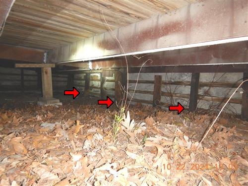 The underside of a wood deck over leaf-covered ground, three red arrows marking wood support posts standing in the soil.