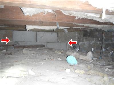 Crawlspace with a concrete block foundation wall below wood floor framing, red arrows at the blockwork