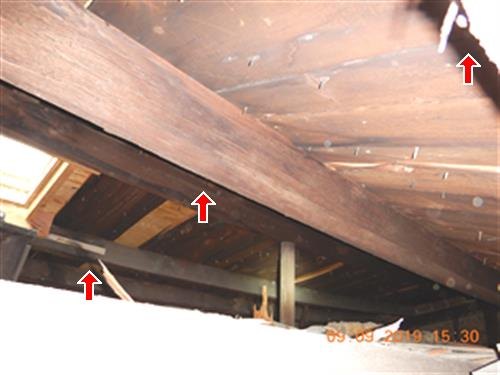 Underside of an attic roof with heavy timber rafters and board sheathing, red arrows at the framing