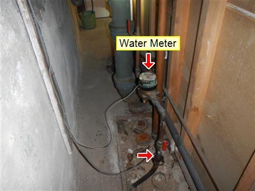 Cellar passage with a labelled water meter and a red arrow at the whole-house water shut-off valve below