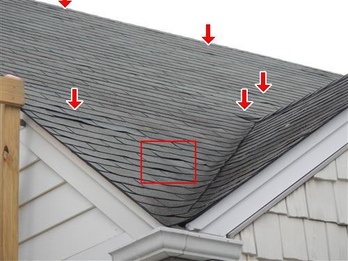 An asphalt shingle roof with lifted shingles marked by red arrows and a box.